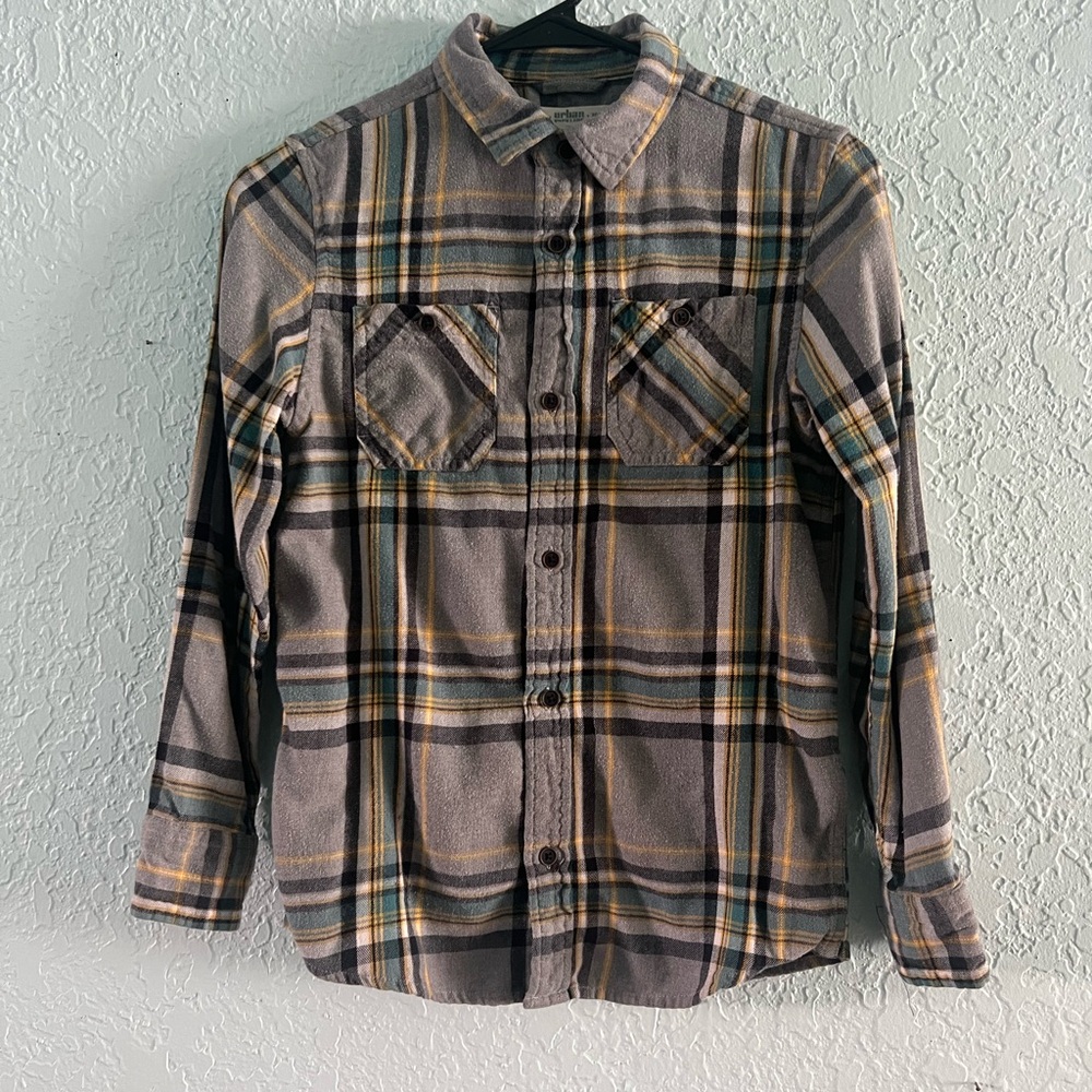 Urban Pipeline Gray, Yellow, and Blue Flannel Casual Button Down Shirt